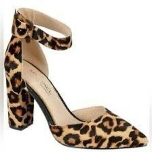 Michael Shannon Size 7.5 Romina Ankle Strap Chunky Heels Cheetah Print Cocktail